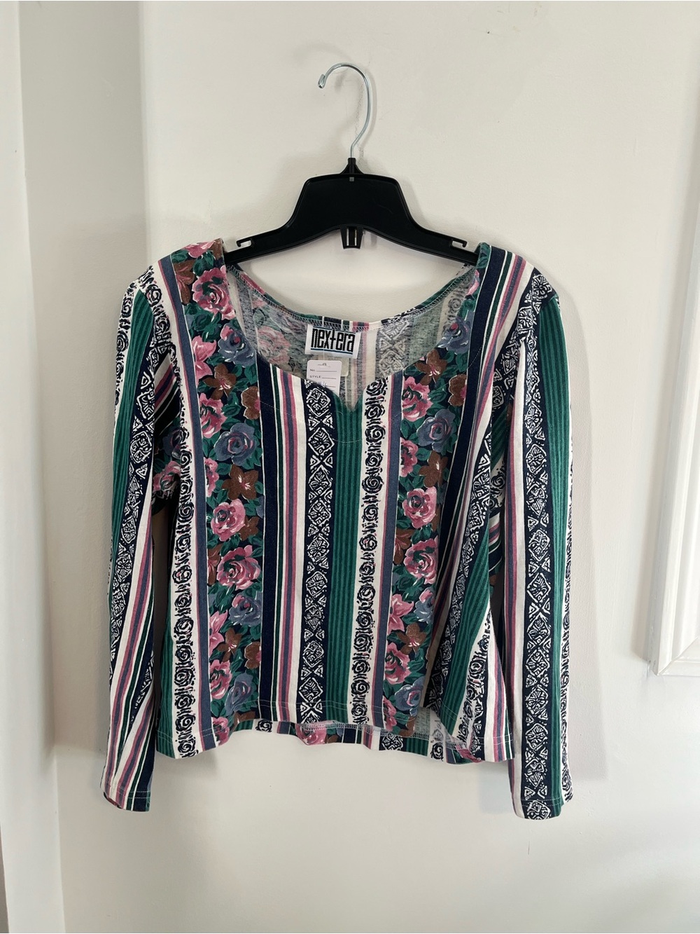 Next Era Striped Floral Scoop-Neck Long Sleeve Top - Size Large